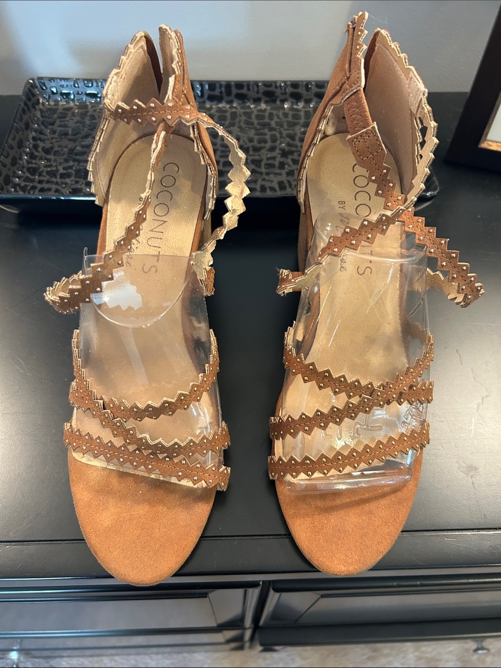 Coconuts by Matisse Tan Suede & Clear Strappy Scallop Heels